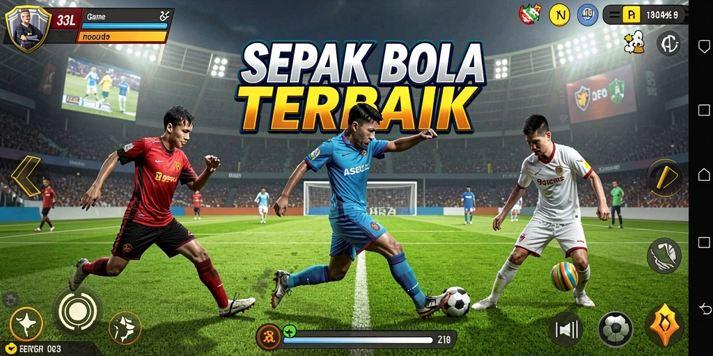 Screenshot utama menampilkan aksi seru di lapangan sepak bola.