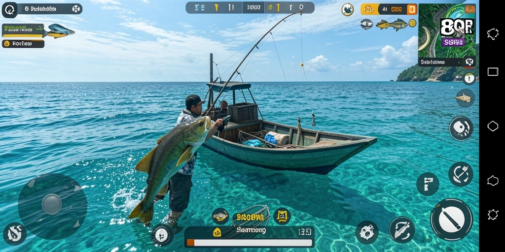 Tampilan gameplay 8QR yang seru saat memancing ikan besar.