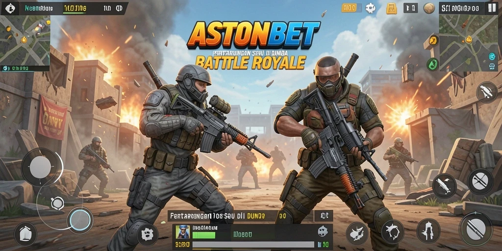 Screenshot gameplay seru dari ASTONBET menampilkan pertempuran intens Battle Royale.