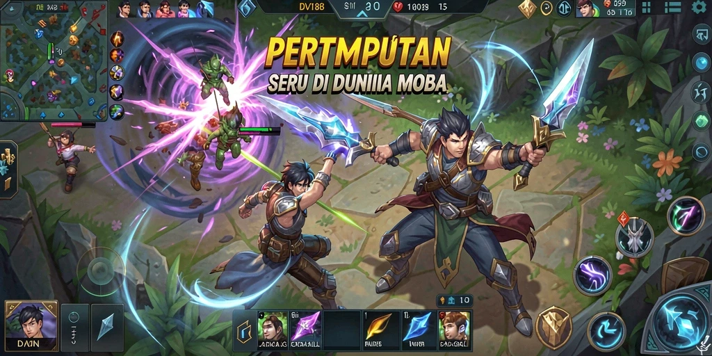 Screenshot permainan <strong>DV188</strong> menampilkan aksi seru dalam pertarungan MOBA.