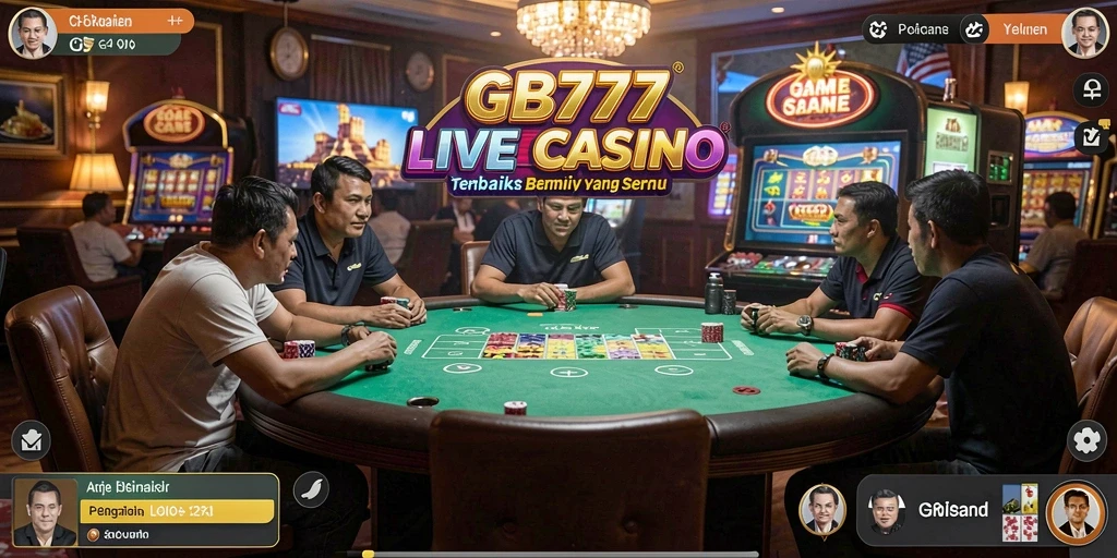 Screenshot gameplay Live Casino GB777 menampilkan dealer dan pemain dalam suasana yang mendebarkan.