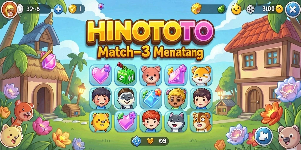 Tangkapan layar gameplay HINOTOTO yang menampilkan serunya mencocokkan item.