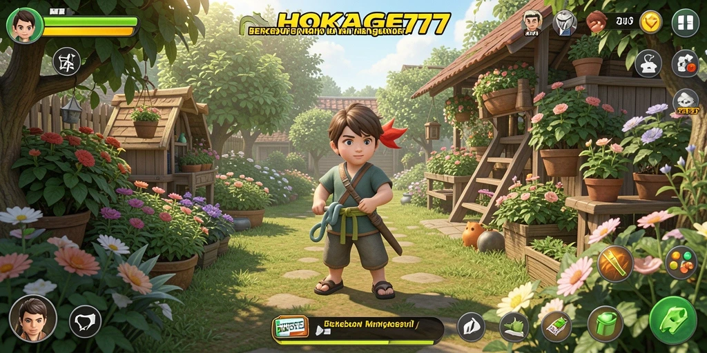 Tampilan gameplay HOKAGE77 dengan berbagai tanaman dan hewan ternak.