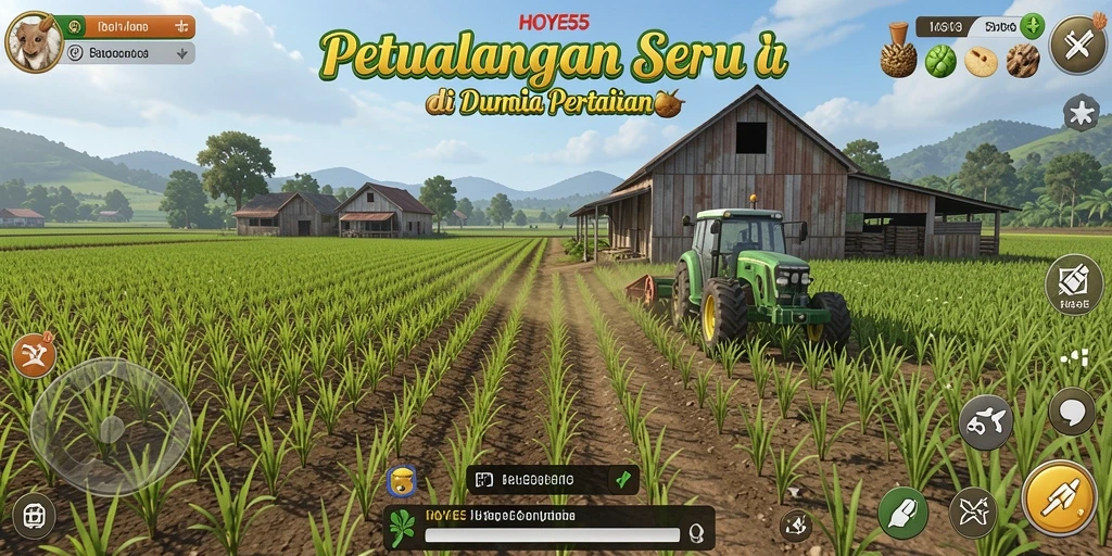 Tampilan screenshot HOYE55 menampilkan kebun subur dan hewan ternak yang aktif.