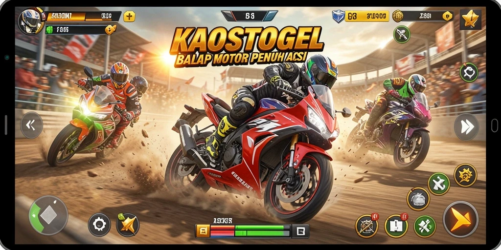 Tampilan aksi balap motor intens di KAOSTOGEL.