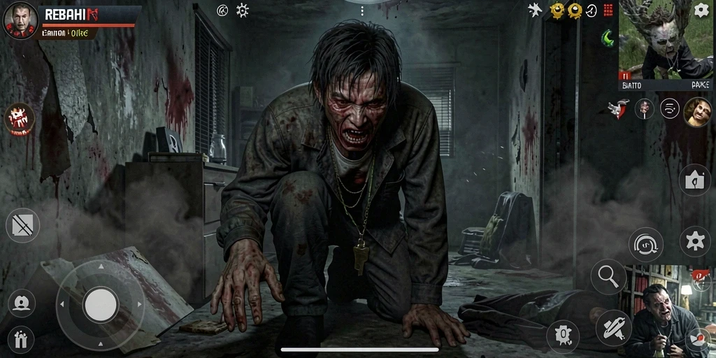 Tangkapan layar gameplay REBAHIN yang menunjukkan suasana horor yang menegangkan.