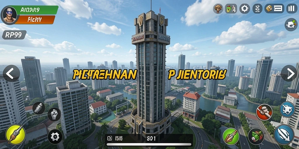 Screenshot gameplay RP99 menampilkan aksi menara pertahanan yang intens.